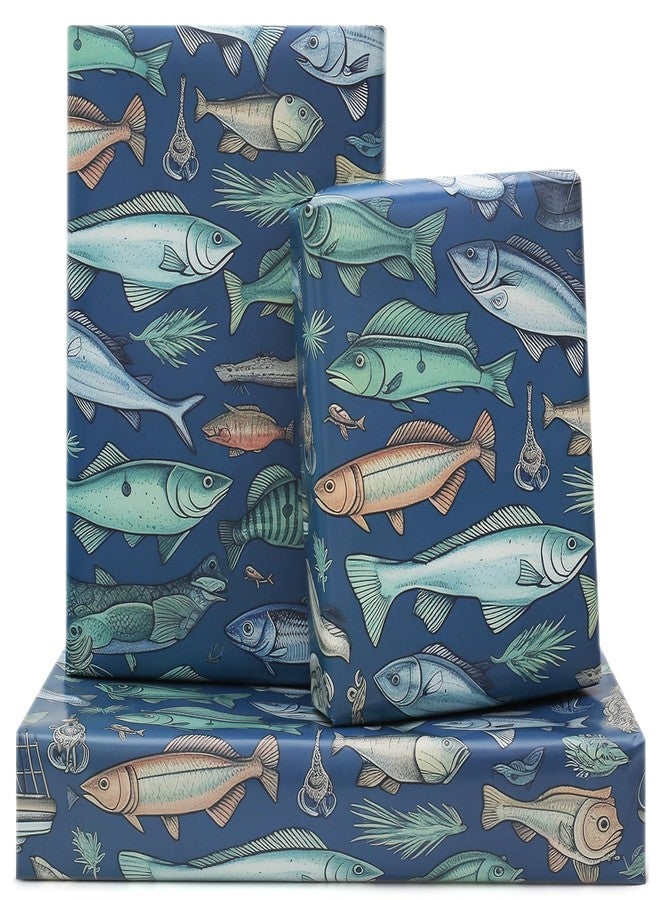 AircooL Sea Fish Wrapping Paper, Ocean Sea Realistic Plenty of Fish Mackerel Fly Fishing Away Wrapping Paper, 6 Sheets Folded Flat 20x28 Inches per Sheet, For Fishing Enthusiast Birthday Baby Shower - Image 1